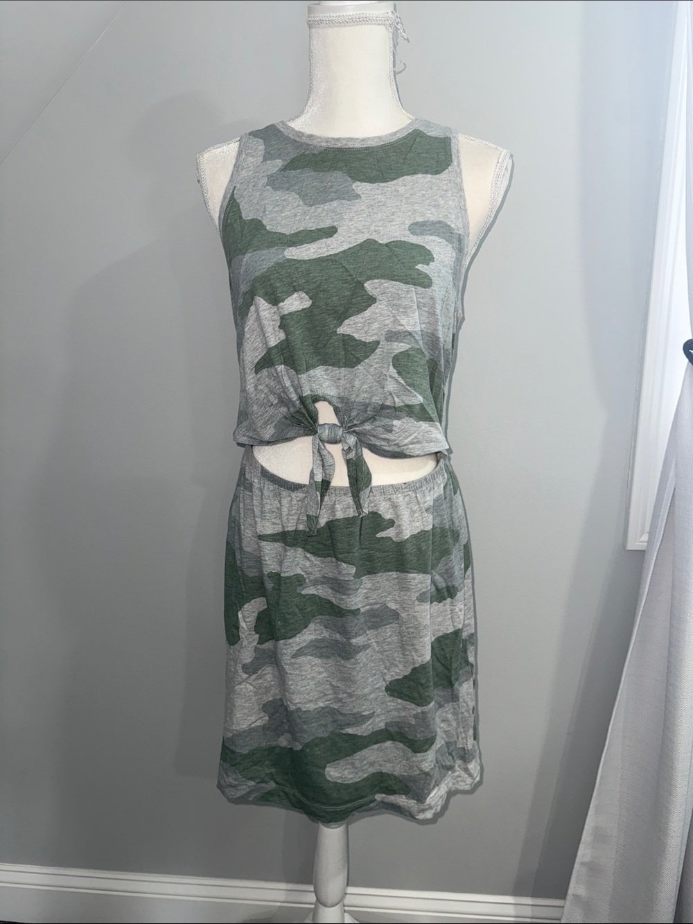 American Eagle Outfitters Camo Tie-Front Sleeveless Dress - Green/Gray
